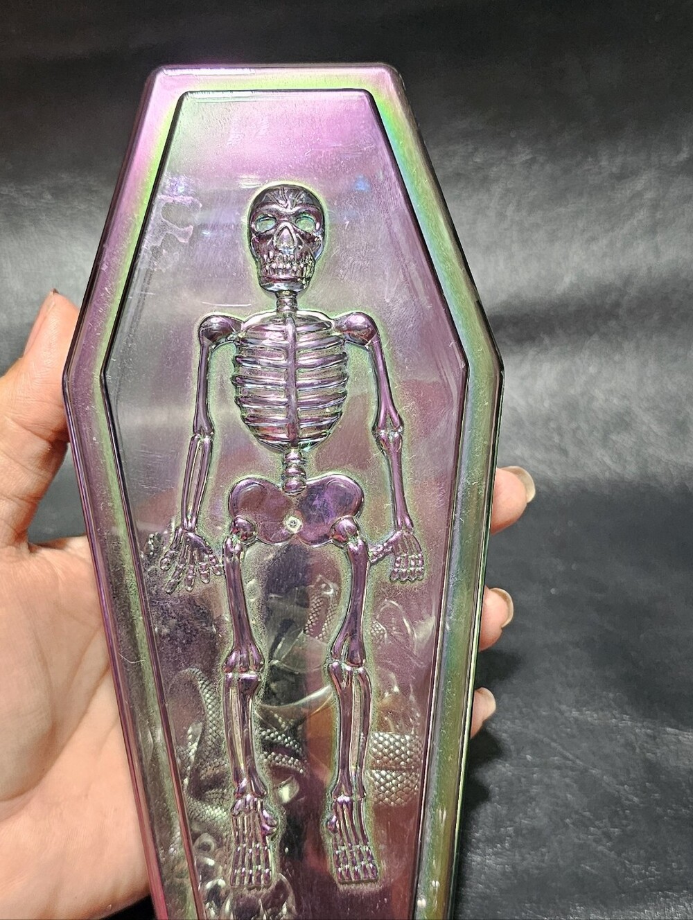 Multicolor Iridescent Plastic Coffin Box with/ Raised Skeleton Design